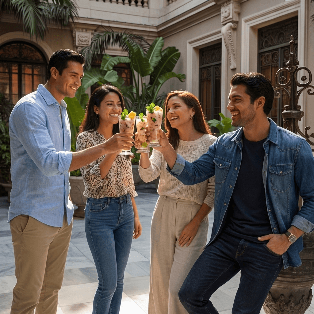 Amigos celebrando con vasos de ceviche
