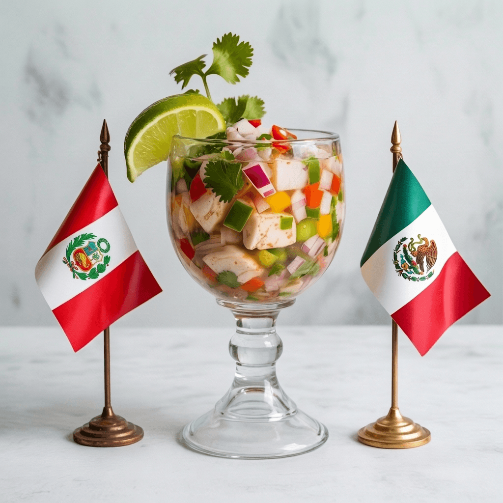 Ceviche con banderas de Perú y México
